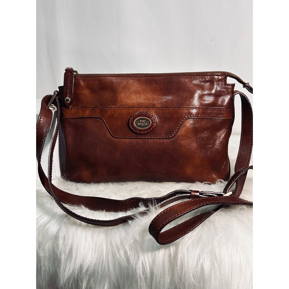The Bridge Italian Leather Crossbody Bag Cognac Brown Zip Top Shoulder Bag
